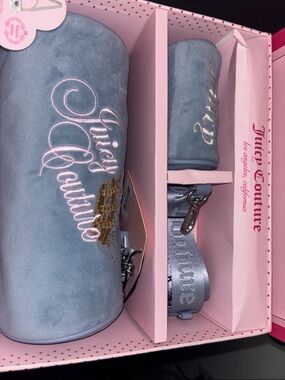 Juicy Couture Light Blue Velvet Travel Set with Pink Embroidery